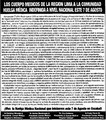 GREMIOS DE ESSALUD LOGRAN ASIGNACION EXTRAORDINARIA PERO MEDICOS INSISTEN EN HUELGA INDEFINIDA